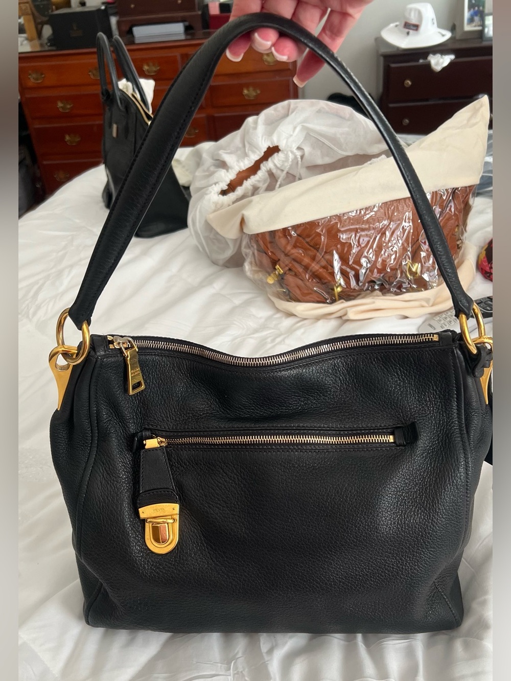 Prada black deer skin leather tote